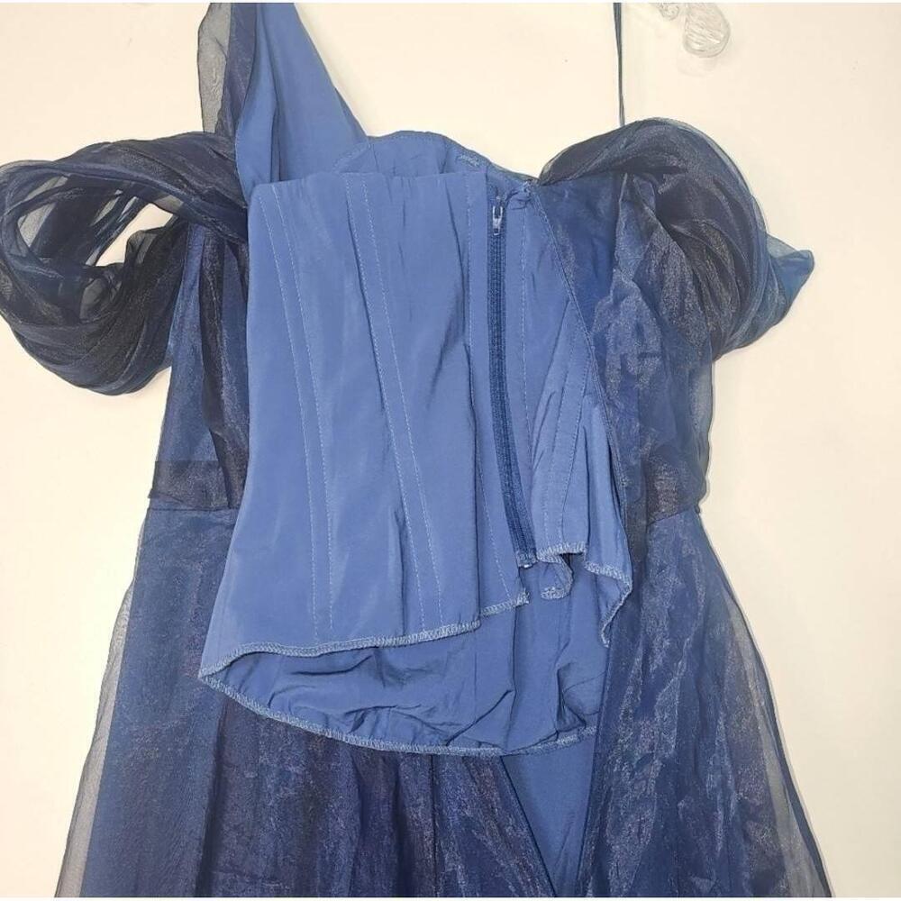 NWT Rene Ruiz Off-Shoulder Blue Organza Gown Twisted Hand Draped Pockets 6 - Picture 9 of 13